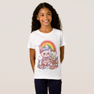 T-Shirt Artiste Lapin Mignon Peignant avec Arc-en-Ciel Kaw