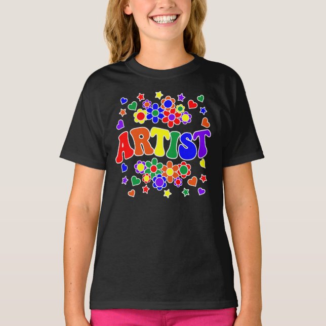 T-shirt ARTISTE-Retro Super, Fleurs, Coeurs, Étoile (Devant)