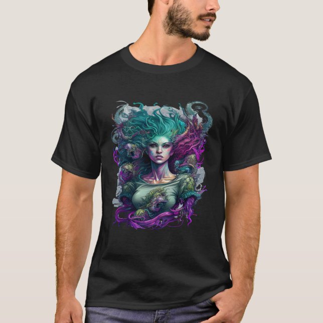 T-shirt Artistic Hybrid Gorgon Medusa Snake and Mermaid (Devant)
