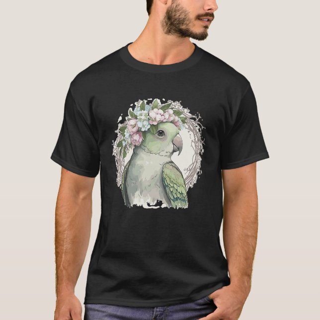 T-shirt Artistic Monk Parakeet Quaker Parrot Bird Flower C (Devant)