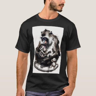 T-shirt Artistic Mother and Baby Monkey Ink Wash Illustrat