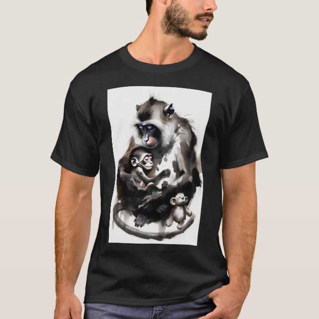 T-shirt Artistic Mother and Baby Monkey Ink Wash Illustrat (Devant)