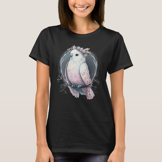 T-shirt Artistic White Parakeet Budgie Bird Flower Crown P (Devant)
