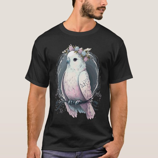T-shirt Artistic White Parakeet Budgie Bird Flower Crown P (Devant)