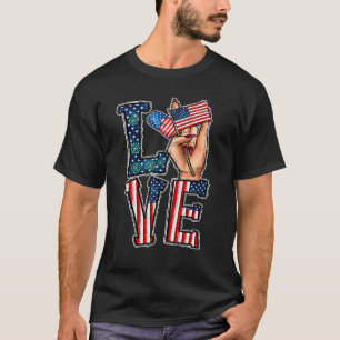 T-shirt Asl Sign Language I Love You American Flag 4th Of