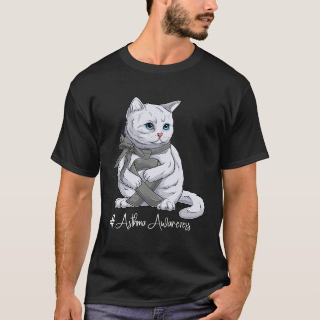 T-shirt Asthma Awareness Month Gray Ribbon Cat (Devant)
