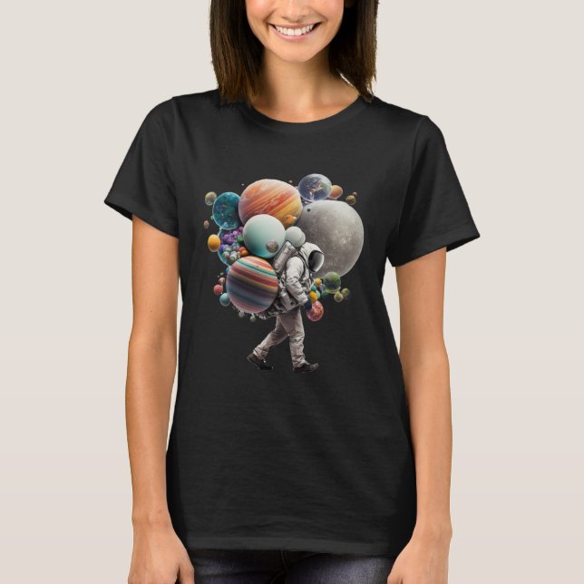 T-shirt Astronaut carrying Planets and Moons in Space (Devant)
