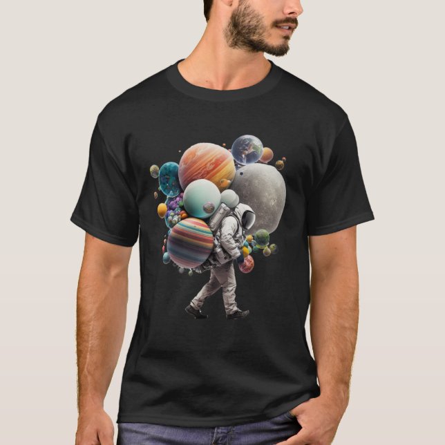 T-shirt Astronaut carrying Planets and Moons in Space (Devant)