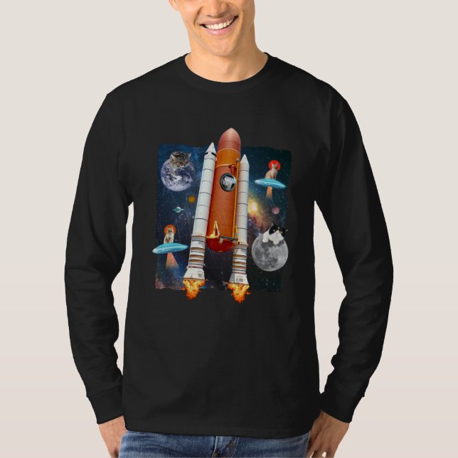 T-shirt Astronaut Cats In Outer Space Meow Spaceship UFO K (Devant)