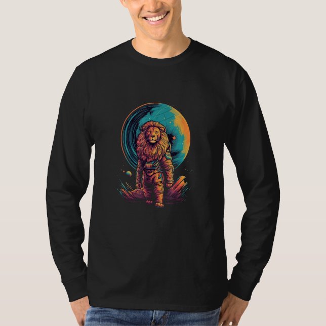 T-shirt Astronaut Lion Space Moon Cosmonaut Futuristic Ret (Devant)
