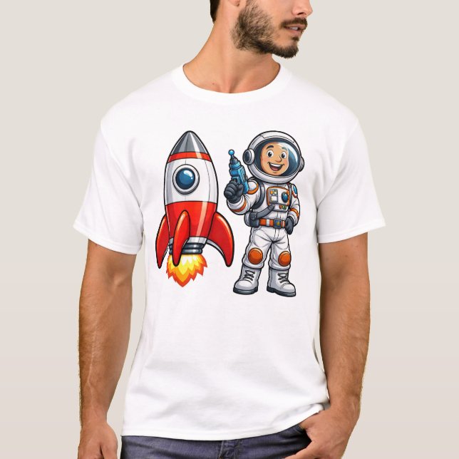 T-shirt Astronaute avec fusée dessin animé art spatial (Devant)