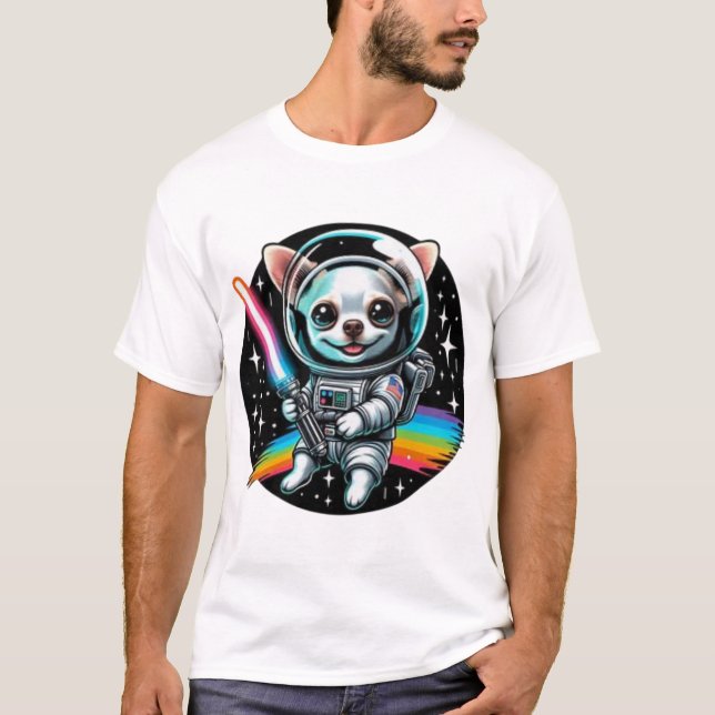 T-shirt Astronaute du Chihuahua avec un phare arc-en-ciel  (Devant)