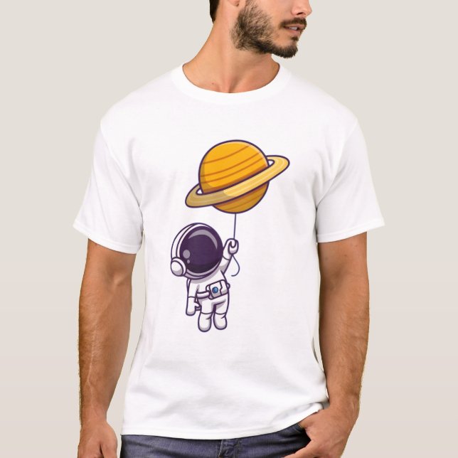 T-shirt Astronaute Holding Saturn Balloon - Cute Space The (Devant)