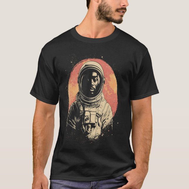 T-shirt Astronaute Rétro Homme Noir Explorant l'Espace Ext (Devant)