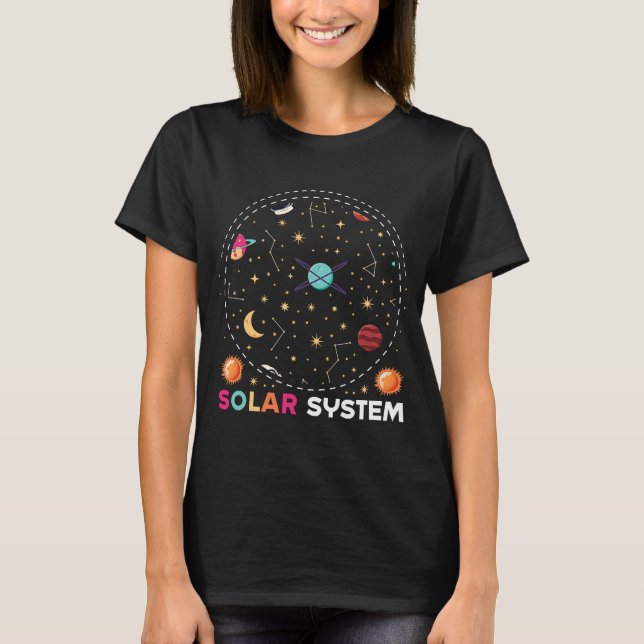 T-shirt astronaute spatial et système solaire à fusée (Devant)