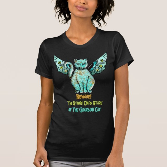T-shirt Attention, Chat Turquoise En Pierre Personnalisé (Devant)