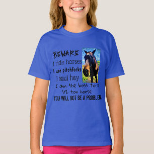 T-shirt ATTENTION - JE MARCHE CHEVAUX - Bleu FILLE