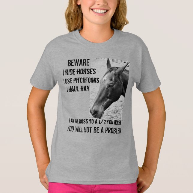 T-SHIRT ATTENTION - JE MARCHE LES CHEVAUX - FILLE (Devant)