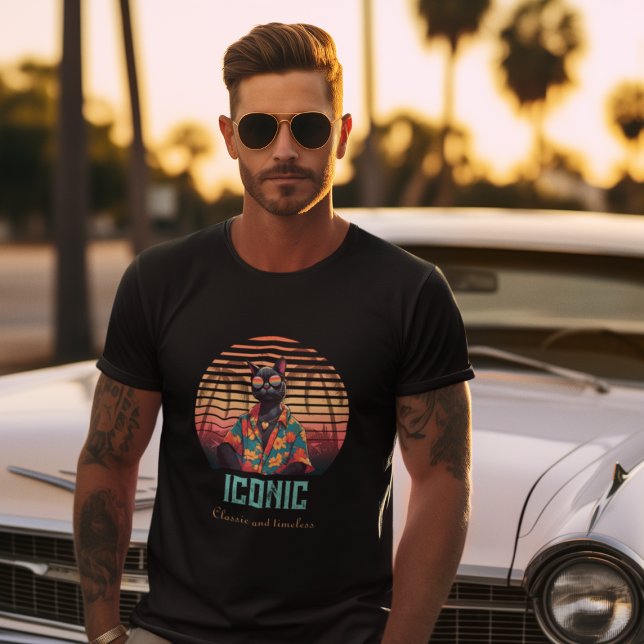 T-shirt Attitude de chat Tropical intemporelle (A man wears a Timeless Tropical Cat Attitude T-Shirt.)