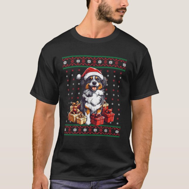 T-shirt Aussie Santa Hat Xmas Australian Shepherd Ugly Chr (Devant)