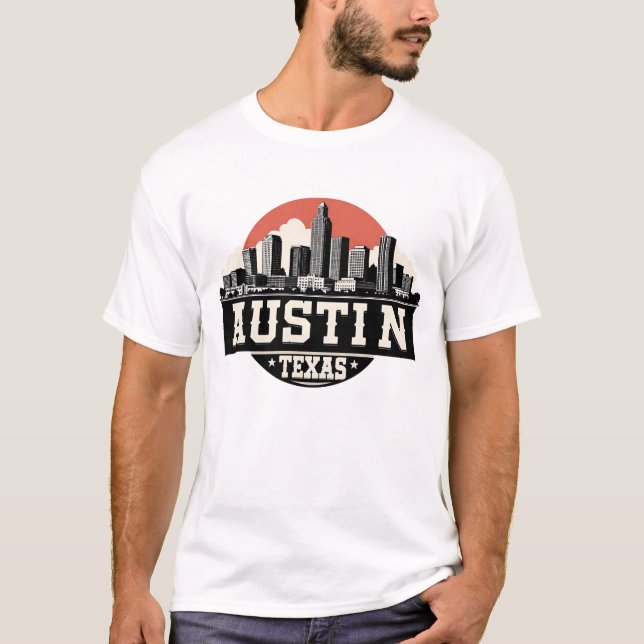 T-shirt Austin City Texas Skyline Retro Black & White Art (Devant)