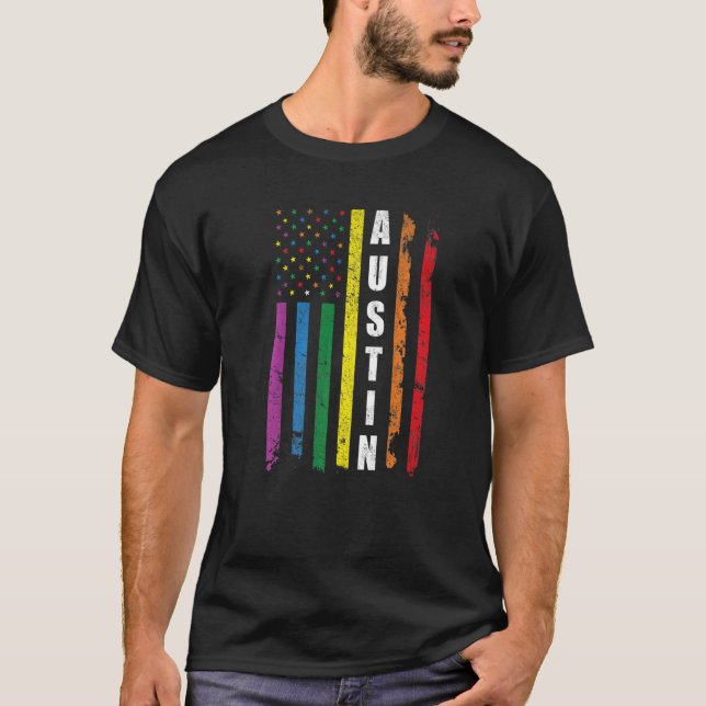 T-shirt Austin Texas Us American Flag Rainbow Gay Lgbt Pri (Devant)