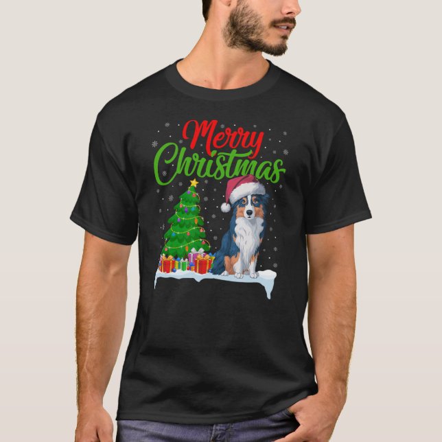 T-shirt Australian Shepherd Dog Christmas Tree Lights Xmas (Devant)