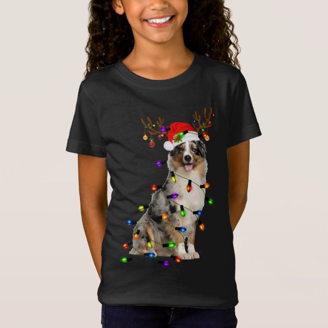 T-Shirt Australian Shepherd Reindeer Christmas Lights Funn (Devant)