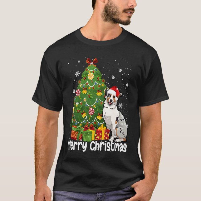 T-shirt Australian Shepherd Santa Christmas Tree Lights Xm (Devant)