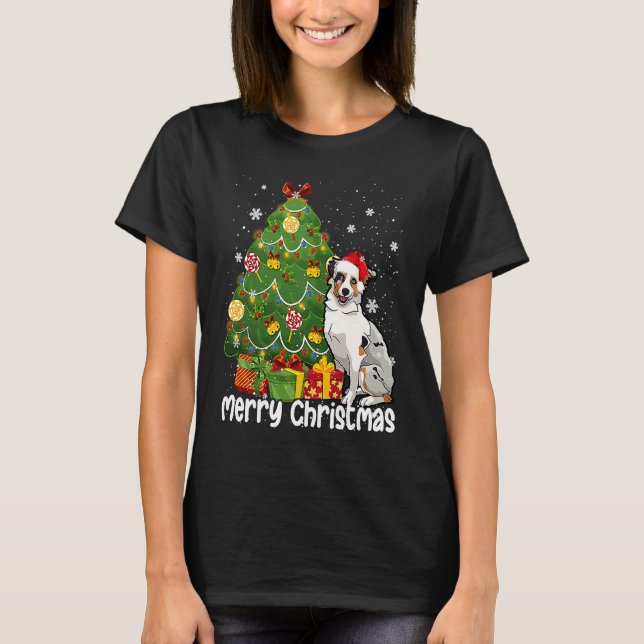T-shirt Australian Shepherd Santa Christmas Tree Lights Xm (Devant)