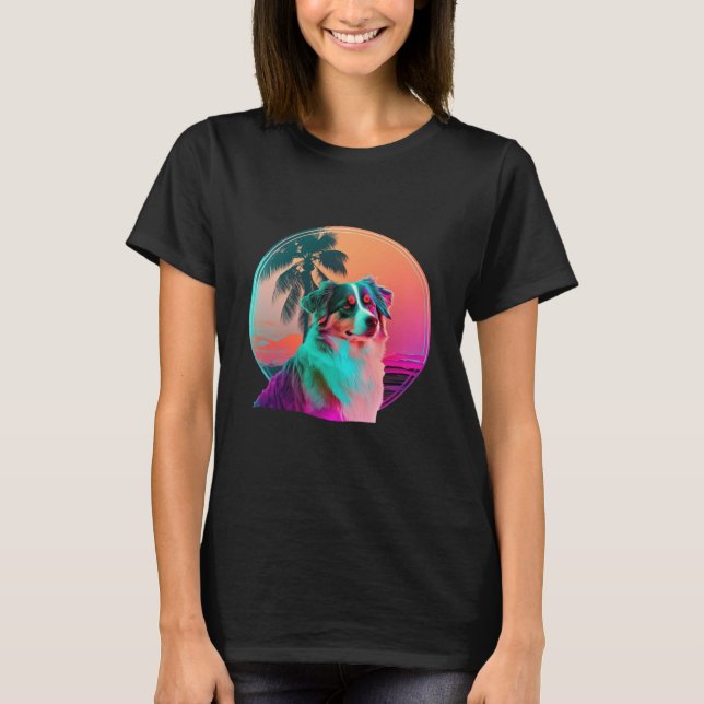 T-shirt Australian Shepherd Synthwave 80s Rétroonde Esthét (Devant)