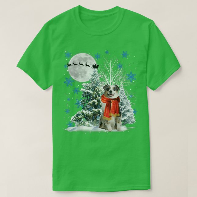 T-shirt Australian Shepherd Under Moonlight Snow Christmas (Design devant)
