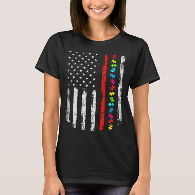 T-shirt Autism Awareness 4th July Thin Red Line Firefighte (Devant)