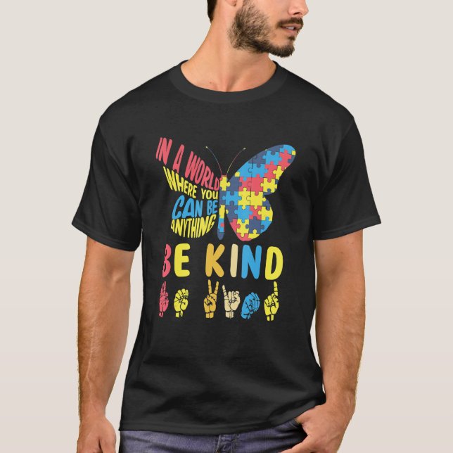 T-shirt Autism Awareness Be Kind Puzzle Sign Language Hand (Devant)