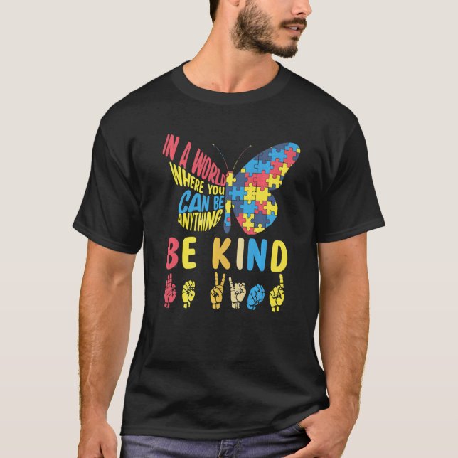 T-shirt Autism Awareness Be Kind Puzzle Sign Language Hand (Devant)