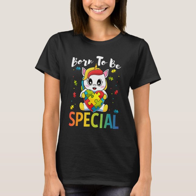 T-shirt Autism Awareness Born Special Unicorn Puzzle Girls (Devant)
