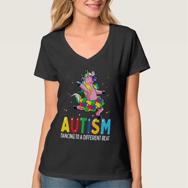 T-shirt Autism Awareness Dancing Unicorn Puzzle Piece Kids (Devant)