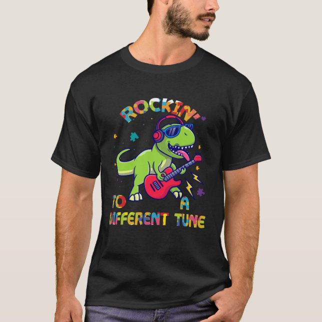 T-shirt Autism Awareness Dino Rex Rockin To Different Tune (Devant)