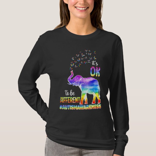 T-shirt Autism Awareness Elephant Butterfly Its Ok To Be D (Devant)