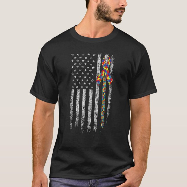 T-shirt Autism Awareness T Shirt American Flag Distressed  (Devant)