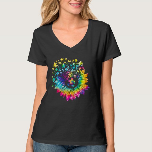 T-shirt Autism Awareness  Tie Dye Sunflower Puzzle (Devant)