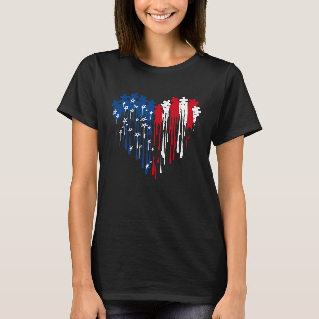 T-shirt Autism Heart With American Flag Autism Awareness (Devant)