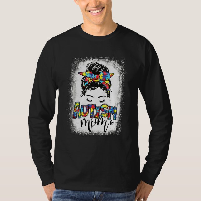 T-shirt Autism Maman Messy Bun Puzzle Sensibilisation sur  (Devant)