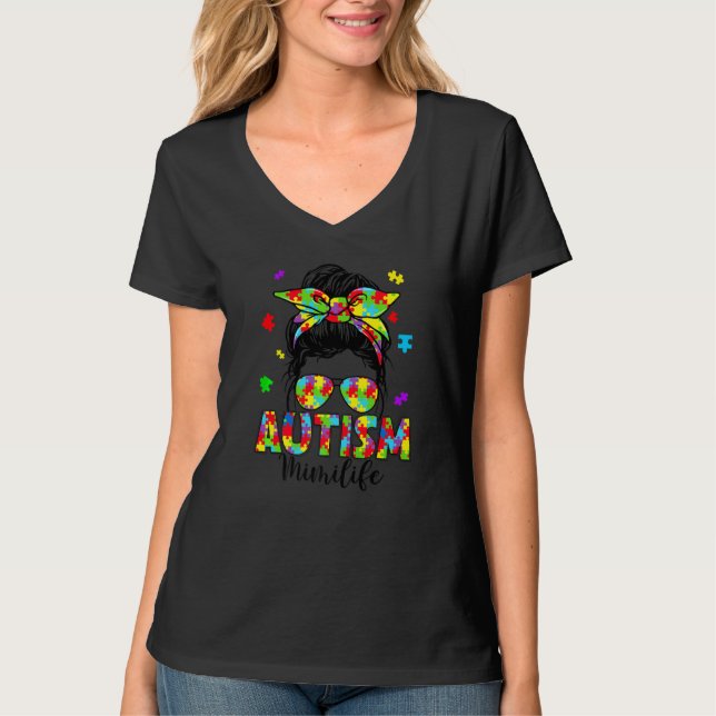 T-shirt Autism Mimi Messy Bun Puzzle Lunettes de soleil Mo (Devant)