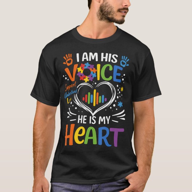 T-shirt Autism Mom I Am His Voice He Is My Heart Puzzle (Devant)