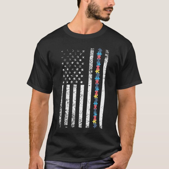 T-shirt Autism Shirt American Flag Puzzle (Devant)