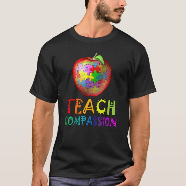 T-shirt Autism Teacher teach compassion apple puzzle autis (Devant)