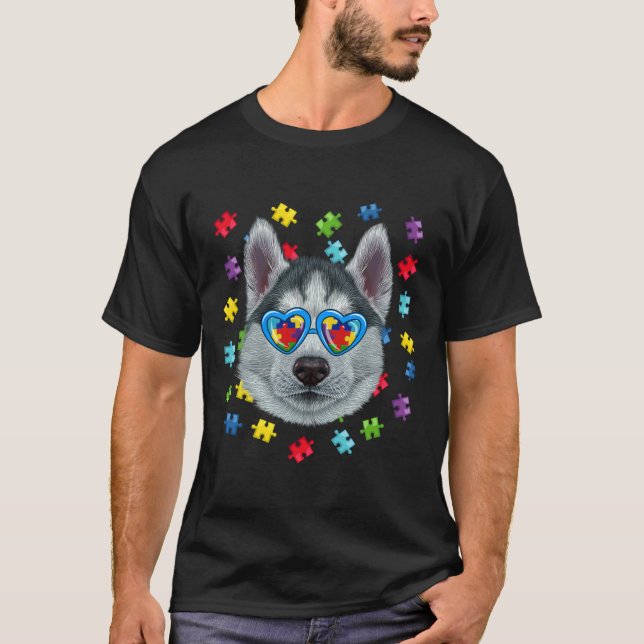 T-shirt Autisme drôle Sibérie Husky Puzzle Lunettes de sol (Devant)
