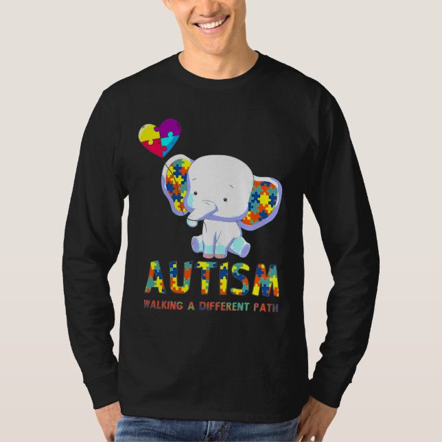 T-shirt Autisme Eléphant Marcher Un Chemin Différent Pour  (Devant)