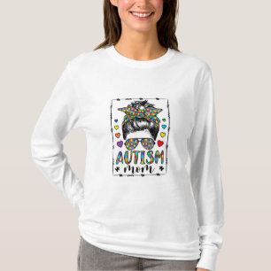 T-shirt Autisme Maman Vie Messy Bun Bleached Fête des Mère